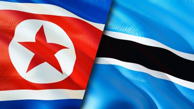 Kuzey Kore ve Botswana bayrakları. 3 boyutlu dalgalanan bayrak tasarımı. Kuzey Kore Botswana bayrağı, resim, duvar kağıdı. Kuzey Kore, Botswana 'ya karşı, görüntü 3 boyutlu. Kuzey Kore Botsvana ilişkileri