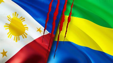 Yara izi olan Filipinler ve Gabon bayrakları. Dalgalanan bayrak, 3 boyutlu görüntüleme. Filipinler ve Gabon çatışma konsepti. Filipinler Gabon ilişkileri konsepti. Filipinler bayrağı ve Gabon krizi, savaş, attac