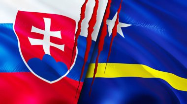 Slovakya ve Curacao bayrakları yara izi konseptiyle. Dalgalanan bayrak, 3 boyutlu görüntüleme. Slovakya ve Curacao çatışma konsepti. Slovakya Curacao ilişkileri kavramı. Slovakya bayrağı ve Curacao krizi, savaş, attac