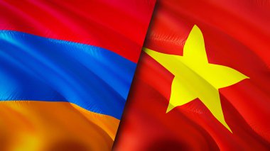 Ermenistan ve Vietnam bayrakları. 3 boyutlu dalgalanan bayrak tasarımı. Ermenistan Vietnam bayrağı, resim, duvar kağıdı. Ermenistan, Vietnam imajına karşı, 3 boyutlu canlandırma. Ermenistan Vietnam ilişkileri ittifak ve ticaret, seyahat, turizm