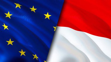 Avrupa Birliği ve Monako bayrakları. 3 boyutlu dalgalanan bayrak tasarımı. Avrupa Birliği Monako bayrağı, resim, duvar kağıdı. Avrupa Birliği, Monako imajına karşı, 3D görüntüleme. Avrupa Birliği Monako ilişkileri ittifakı
