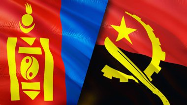 Moğolistan ve Angola bayrakları. 3 boyutlu dalgalanan bayrak tasarımı. Moğolistan Angola bayrağı, resim, duvar kağıdı. Moğolistan Angola 'ya karşı, görüntü 3 boyutlu. Moğolistan Angola ilişkileri ittifak ve ticaret, seyahat, turizm konsepti