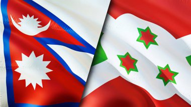 Nepal ve Burundi bayrakları. 3 boyutlu dalgalanan bayrak tasarımı. Nepal Burundi bayrağı, resim, duvar kağıdı. Nepal, Burundi 'ye karşı, görüntü 3 boyutlu. Nepal Burundi ilişkileri ittifak ve ticaret, seyahat, turizm konsepti