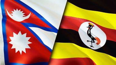 Nepal ve Uganda bayrakları. 3 boyutlu dalgalanan bayrak tasarımı. Nepal Uganda bayrağı, resim, duvar kağıdı. Nepal vs Uganda görüntüsü, 3D görüntüleme. Nepal Uganda ilişkileri ittifak ve ticaret, seyahat, turizm konsepti