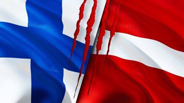 Yara izi olan Finlandiya ve Letonya bayrakları. Dalgalanan bayrak, 3 boyutlu görüntüleme. Finlandiya ve Letonya çatışma konsepti. Finlandiya Letonya ilişkileri kavramı. Finlandiya bayrağı ve Letonya krizi, savaş, saldırı konsepti