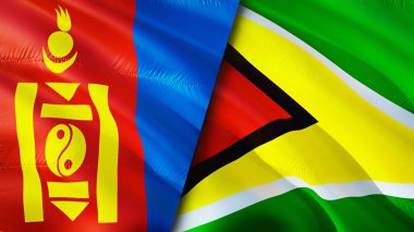 Moğolistan ve Guyana bayrakları. 3 boyutlu dalgalanan bayrak tasarımı. Moğolistan Guyana bayrağı, resim, duvar kağıdı. Moğolistan, Guyana 'ya karşı, görüntü 3 boyutlu. Moğolistan Guyana ilişkileri ittifak ve ticaret, seyahat, turizm konsepti