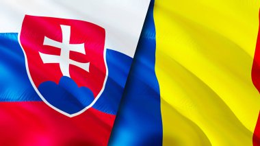 Slovakya ve Romanya bayrakları. 3 boyutlu dalgalanan bayrak tasarımı. Slovakya Romanya bayrağı, resim, duvar kağıdı. Slovakya, Romanya 'nın imajına karşı, 3D görüntüleme. Slovakya Romanya ilişkileri ittifak ve ticaret, seyahat, turnuva