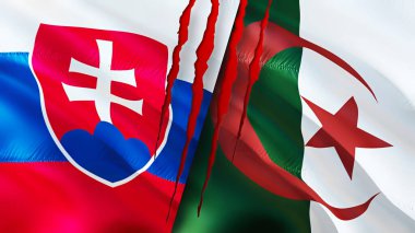 Slovakya ve Cezayir bayrakları yara izi konseptiyle. Dalgalanan bayrak, 3 boyutlu görüntüleme. Slovakya ve Cezayir çatışma konsepti. Slovakya Cezayir ilişkileri kavramı. Slovakya ve Cezayir bayrağı krizi, savaş, attac
