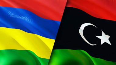 Mauritius ve Libya bayrakları. 3 boyutlu dalgalanan bayrak tasarımı. Mauritius Libya bayrağı, resim, duvar kağıdı. Mauritius Libya imajına karşı, 3D görüntüleme. Mauritius Libya ilişkileri ittifak ve ticaret, seyahat, turizm konsepti
