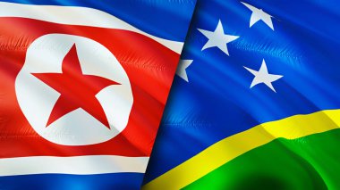 Kuzey Kore ve ABD Solomon Adaları. 3 boyutlu dalgalanan bayrak tasarımı. Kuzey Kore bayrağı, resim, duvar kağıdı. Kuzey Kore, ABD imajına karşı, 3D görüntüleme. Kuzey Kore ABD İlişkiler Birliği