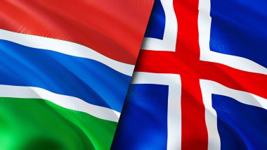 Gambiya ve İzlanda bayrakları. 3 boyutlu dalgalanan bayrak tasarımı. Gambiya İzlanda bayrağı, resim, duvar kağıdı. Gambiya İzlanda 'ya karşı, görüntü 3 boyutlu. Gambiya İzlanda ilişkileri ittifak ve ticaret, seyahat, turizm konsepti