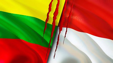 Yara izi olan Litvanya ve Endonezya bayrakları. Dalgalanan bayrak, 3 boyutlu görüntüleme. Litvanya ve Endonezya çatışma konsepti. Litvanya Endonezya ilişkileri kavramı. Litvanya ve Endonesi bayrağı