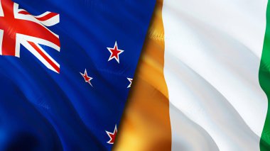 Yeni Zelanda ve Fildişi Sahili bayrakları. 3 boyutlu dalgalanan bayrak tasarımı. Yeni Zelanda Fildişi Sancak, resim, duvar kağıdı. Yeni Zelanda vs Cote d 'Ivoire imajı, 3D görüntüleme. Yeni Zelanda Cote d 'Ivoire ilişkisi