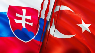 Slovakya ve Türkiye yara izi kavramına sahip bayraklar. Dalgalanan bayrak, 3 boyutlu görüntüleme. Slovakya ve Türkiye çatışma konsepti. Slovakya Türkiye ilişkileri kavramı. Slovakya ve Türkiye bayrağı kriz, savaş, saldırı konsepti