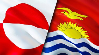 Grönland ve Kiribati bayrakları. 3 boyutlu dalgalanan bayrak tasarımı. Grönland Kiribati bayrağı, resim, duvar kağıdı. Grönland, Kiribati 'ye karşı, görüntü 3 boyutlu. Grönland Kiribati ilişkileri