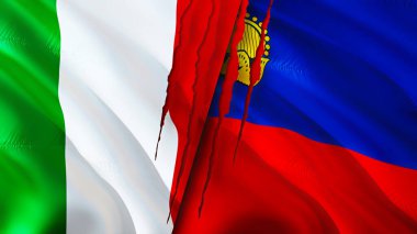 İtalya ve Liechtenstein bayraklarında yara izi var. Dalgalanan bayrak, 3 boyutlu görüntüleme. İtalya ve Liechtenstein çatışma konsepti. İtalya Liechtenstein ilişkileri konsepti. İtalya ve Lihtenştayn bayrağı