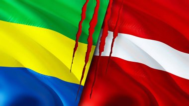 Gabon ve Letonya bayraklarında yara izi var. Dalgalanan bayrak, 3 boyutlu görüntüleme. Gabon ve Letonya çatışma konsepti. Gabon Letonya ilişkileri kavramı. Gabon ve Letonya bayrağı krizi, savaş, saldırı konsepti