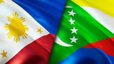 Filipinler ve Komoros bayrakları. 3 boyutlu dalgalanan bayrak tasarımı. Filipinler Comoros bayrağı, resim, duvar kağıdı. Filipinler, Comoros 'a karşı, görüntü 3 boyutlu. Filipinler Komoros ilişkileri
