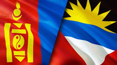 Moğolistan, Antigua ve Barbuda bayrakları. 3 boyutlu dalgalanan bayrak tasarımı. Moğolistan Antigua ve Barbuda bayrağı, resim, duvar kağıdı. Moğolistan, Antigua ve Barbuda 'ya karşı, 3 boyutlu görüntü. Moğolistan Antigua ve Barbud