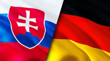 Slovakya ve Almanya bayrakları. 3 boyutlu dalgalanan bayrak tasarımı. Slovakya Almanya bayrağı, resim, duvar kağıdı. Slovakya Almanya 'ya karşı, görüntü 3 boyutlu. Slovakya Almanya ilişkileri ittifak ve ticaret, seyahat, turnuva