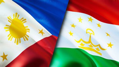 Filipinler ve Tacikistan bayrakları. 3 boyutlu dalgalanan bayrak tasarımı. Filipinler Tacikistan bayrağı, resim, duvar kağıdı. Filipinler, Tacikistan 'a karşı, görüntü 3 boyutlu. Filipinler Tacikistan ilişkileri bir ittifak