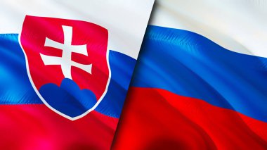 Slovakya ve Rusya bayrakları. 3 boyutlu dalgalanan bayrak tasarımı. Slovakya Rusya bayrağı, resim, duvar kağıdı. Slovakya, Rusya 'nın imajına karşı, 3D görüntüleme. Slovakya Rusya ilişkileri ittifak ve ticaret, seyahat, turizm konsepti