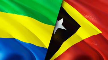 Gabon ve Doğu Timor bayrakları. 3 boyutlu dalgalanan bayrak tasarımı. Gabon Doğu Timor bayrağı, resim, duvar kağıdı. Gabon, Doğu Timor 'a karşı, görüntü 3 boyutlu. Gabon Doğu Timor ilişkileri ittifak ve ticaret, seyahat, turnuva