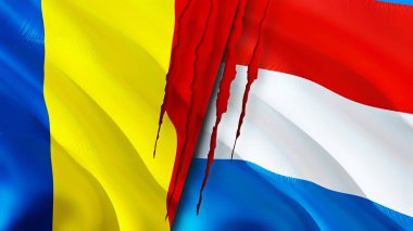 Romanya ve Lüksemburg bayrakları yara izi kavramına sahipler. Dalgalanan bayrak, 3 boyutlu görüntüleme. Romanya ve Lüksemburg ihtilaf konsepti. Romanya Lüksemburg ilişkileri kavramı. Romanya bayrağı ve Lüksemburg krizi ve savaşı