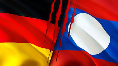 Almanya ve Laos yara izi olan bayraklar. Dalgalanan bayrak, 3 boyutlu görüntüleme. Almanya ve Laos çatışma konsepti. Almanya Laos ilişkileri kavramı. Alman bayrağı ve Laos krizi, savaş, saldırı konsepti