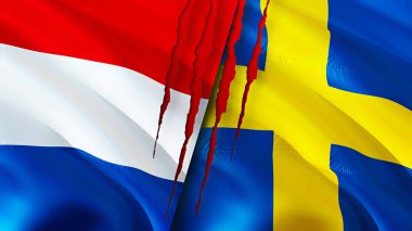 Hollanda ve İsveç bayrakları yara izi konseptiyle. Dalgalanan bayrak, 3 boyutlu görüntüleme. Hollanda ve İsveç çatışma konsepti. Hollanda İsveç ilişkileri kavramı. Hollanda bayrağı ve İsveç krizi, savaş