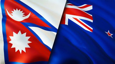 Nepal ve Yeni Zelanda bayrakları. 3 boyutlu dalgalanan bayrak tasarımı. Nepal Yeni Zelanda bayrağı, resim, duvar kağıdı. Nepal, Yeni Zelanda 'ya karşı, görüntü 3 boyutlu. Nepal Yeni Zelanda ilişkileri ittifak ve ticaret, seyahat, turnuva