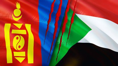 Yara izi olan Moğolistan ve Sudan bayrakları. Dalgalanan bayrak, 3 boyutlu görüntüleme. Moğolistan ve Sudan çatışma konsepti. Moğolistan Sudan ilişkileri kavramı. Moğolistan bayrağı ve Sudan krizi, savaş, saldırı konsepti