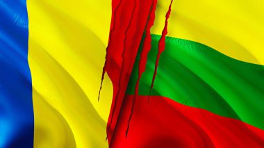 Romanya ve Litvanya yara izi kavramına sahip bayraklar. Dalgalanan bayrak, 3 boyutlu görüntüleme. Romanya ve Litvanya ihtilafı kavramı. Romanya Litvanya ilişkileri kavramı. Romanya bayrağı ve Litvanya krizi, savaş, attac