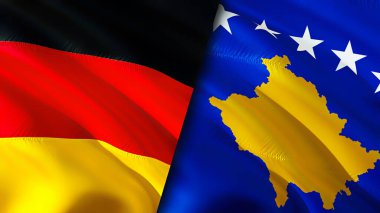 Almanya ve Kosova bayrakları. 3 boyutlu dalgalanan bayrak tasarımı. Almanya Kosova bayrağı, resim, duvar kağıdı. Almanya Kosova 'nın imajına karşı, 3D görüntüleme. Almanya Kosova ilişkileri ittifak ve Ticaret, seyahat ve turizm kavramları