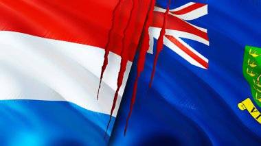 Lüksemburg ve Britanya Virjin Adaları yara izi olan bayraklar. Dalgalanan bayrak, 3 boyutlu görüntüleme. Lüksemburg ve Britanya Virjin Adaları çatışma konsepti. Lüksemburg Britanya Virjin Adaları ilişkileri kavramı