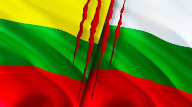 Litvanya ve Bulgaristan yara izi kavramına sahip bayraklar. Dalgalanan bayrak, 3 boyutlu görüntüleme. Litvanya ve Bulgaristan ihtilaf kavramı. Litvanya Bulgaristan ilişkileri kavramı. Litvanya bayrağı ve Bulgaristan krizi, savaş