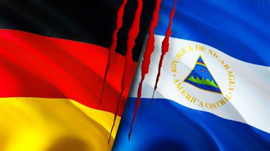 Almanya ve Nikaragua yara izi olan bayraklar. Dalgalanan bayrak, 3 boyutlu görüntüleme. Almanya ve Nikaragua çatışma konsepti. Almanya Nikaragua ilişkileri kavramı. Almanya bayrağı ve Nikaragua krizi, savaş, attac