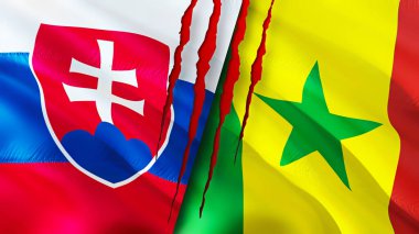 Slovakya ve Senegal bayraklarında yara izi var. Dalgalanan bayrak, 3 boyutlu görüntüleme. Slovakya ve Senegal çatışma konsepti. Slovakya Senegal ilişkileri kavramı. Slovakya bayrağı ve Senegal krizi, savaş, attac