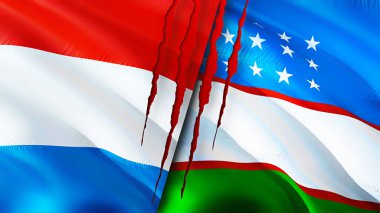 Yara izi olan Lüksemburg ve Özbekistan bayrakları. Dalgalanan bayrak, 3 boyutlu görüntüleme. Lüksemburg ve Özbekistan çatışma konsepti. Lüksemburg Özbekistan ilişkileri kavramı. Lüksemburg ve Özbekistan bayrağı