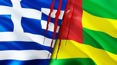 Yunanistan ve Togo yara izi olan bayraklar. Dalgalanan bayrak, 3 boyutlu görüntüleme. Yunanistan ve Togo çatışma konsepti. Yunanistan Togo ilişkileri kavramı. Yunanistan bayrağı ve Togo krizi, savaş, saldırı konsepti