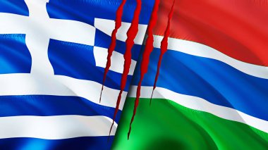 Yunanistan ve Gambiya yara izi kavramına sahip bayraklar. Dalgalanan bayrak, 3 boyutlu görüntüleme. Yunanistan ve Gambiya çatışma konsepti. Yunanistan Gambiya ilişkileri kavramı. Yunanistan ve Gambiya krizi bayrağı, savaş, saldırı konsepti