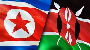 Kuzey Kore ve Kenya bayrakları. 3 boyutlu dalgalanan bayrak tasarımı. Kuzey Kore Kenya bayrağı, resim, duvar kağıdı. Kuzey Kore Kenya 'ya karşı, görüntü 3D. Kuzey Kore Kenya ilişkileri ittifak ve ticaret, seyahat, turnuva