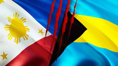 Yara izi olan Filipinler ve Bahamalar bayrakları. Dalgalanan bayrak, 3 boyutlu görüntüleme. Filipinler ve Bahamalar çatışma konsepti. Filipinler Bahamalar ilişkileri kavramı. Filipinler ve Bahama bayrağı
