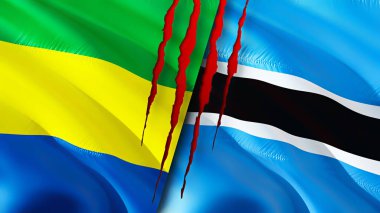 Gabon ve Botswana bayraklarında yara izi var. Dalgalanan bayrak, 3 boyutlu görüntüleme. Gabon ve Botswana çatışma konsepti. Gabon Botswana ilişkileri konsepti. Gabon ve Botswana bayrağı krizi, savaş, saldırı konsepti