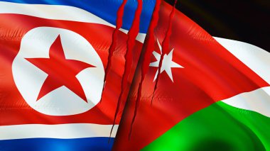 Yara izi konseptiyle Kuzey Kore ve ABD Ürdün. Dalgalanan bayrak, 3 boyutlu görüntüleme. Kuzey Kore ve ABD çatışma konsepti. Kuzey Kore ABD ilişkileri kavramı. Kuzey Kore bayrağı ve ABD krizi, savaş, saldırı konsepti