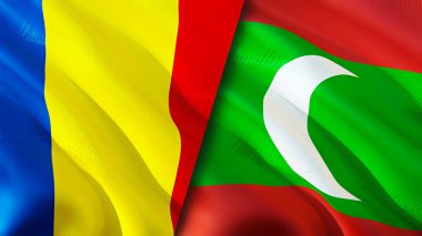Romanya ve Maldivler bayrakları. 3 boyutlu dalgalanan bayrak tasarımı. Romanya Maldivleri bayrağı, resim, duvar kağıdı. Romanya, Maldivler 'e karşı görüntü, 3D görüntüleme. Romanya Maldivler ilişkileri ittifak ve ticaret, seyahat, turnuva