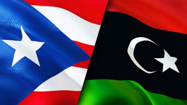 Porto Riko ve Libya bayrakları. 3 boyutlu dalgalanan bayrak tasarımı. Porto Riko Libya bayrağı, resim, duvar kağıdı. Porto Riko Libya 'ya karşı, 3 boyutlu görüntü. Porto Riko Libya ilişkileri ittifak ve ticaret, seyahat, turnuva