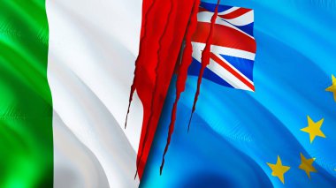 İtalya ve Tuvalu yara izi olan bayraklar. Dalgalanan bayrak, 3 boyutlu görüntüleme. İtalya ve Tuvalu çatışma konsepti. İtalya Tuvalu ilişkileri kavramı. İtalya ve Tuvalu krizi bayrağı, savaş, saldırı konsepti