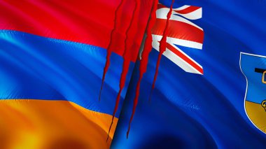 Yara izi olan Ermenistan ve Montserrat bayrakları. Dalgalanan bayrak, 3 boyutlu görüntüleme. Ermenistan ve Montserrat çatışma konsepti. Ermenistan Montserrat ilişkileri konsepti. Ermenistan ve Montserrat bayrağı