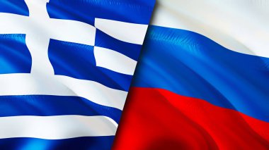 Yunanistan ve Rusya bayrakları. 3 boyutlu dalgalanan bayrak tasarımı. Yunanistan Rusya bayrağı, resim, duvar kağıdı. Yunanistan, Rusya 'ya karşı imaj, 3D görüntüleme. Yunanistan Rusya ile ilişkiler ittifak ve ticaret, seyahat ve turizm kavramları
